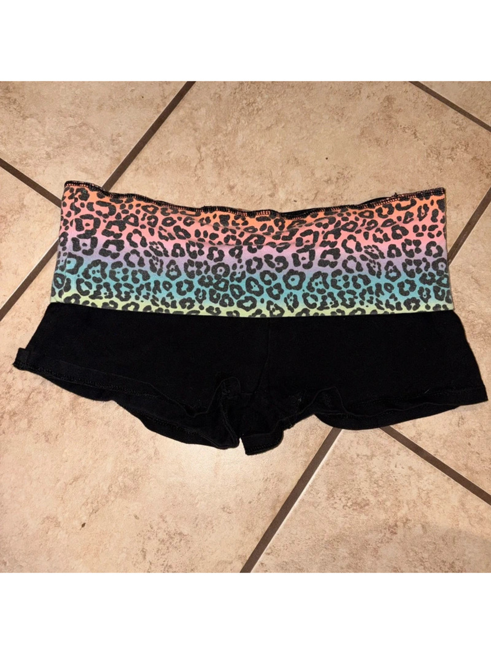 Black Folderover Rainbow Leopard Print Mini Shorts